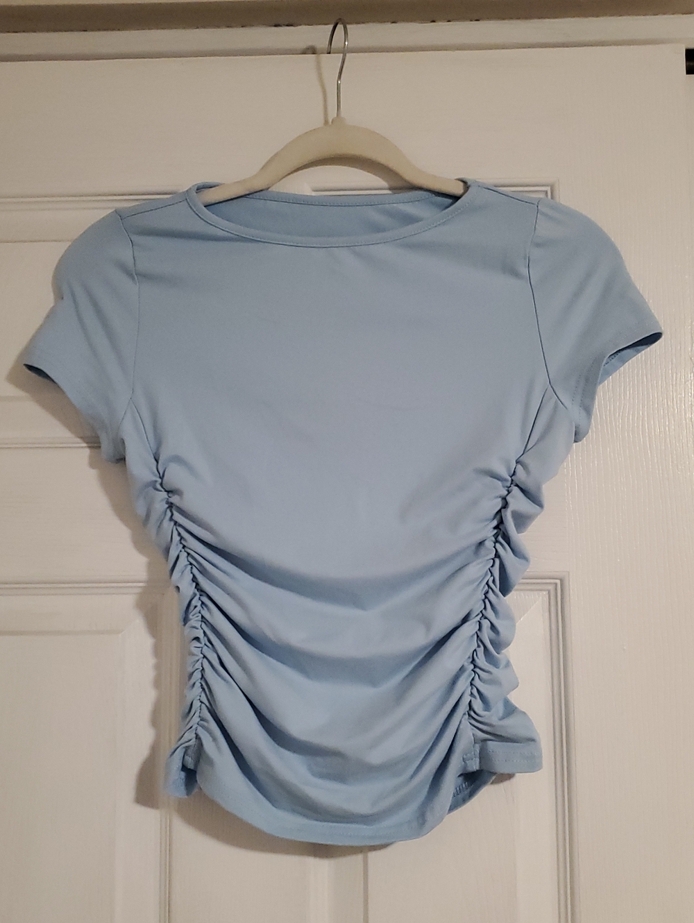Casual Light Blue Ruched Side-Detail Short Sleeve Top